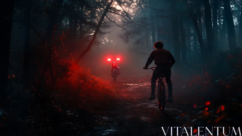 Cyclist follows glowing red lights on misty forest trail.