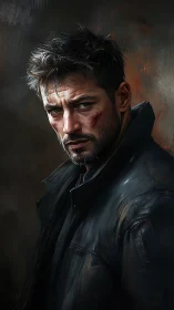 Cinematic oil portrait of scarred man in black tactical coat.