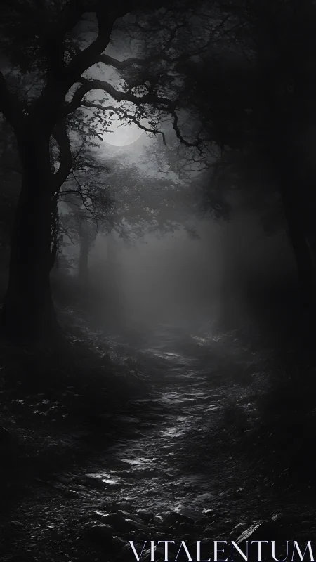 Moonlit forest trail under dense fog and twisted trees.