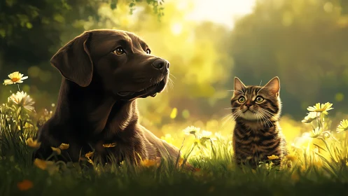 Black Labrador and Tabby Cat in Meadow Setting.