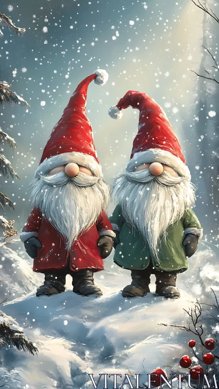 Winter gnomes stand in snowfall under soft northern light.