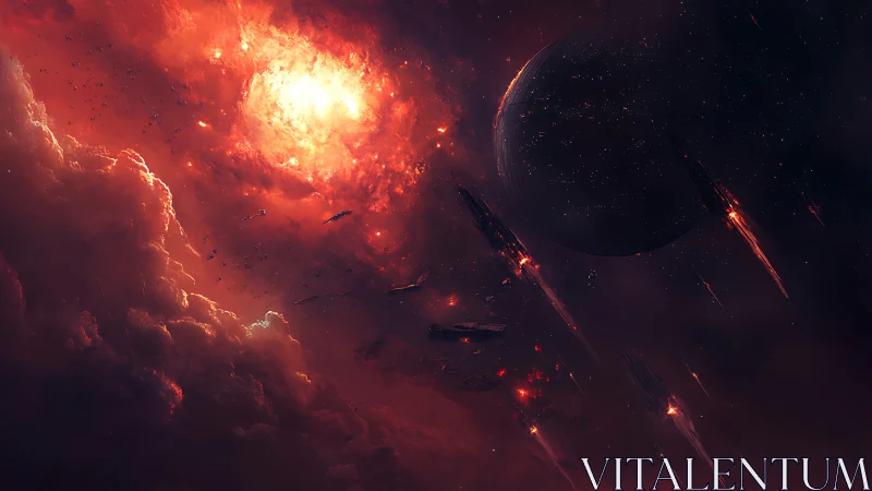 Burning nebula siege around a shadowed war planet.