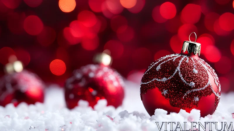 Red Christmas baubles on snow with bright bokeh background.