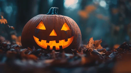 Glowing jack o lantern smiling warmly in a misty forest.