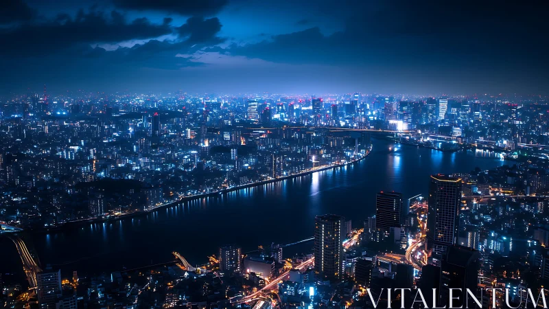 Midnight river lights winding through a glowing blue city.