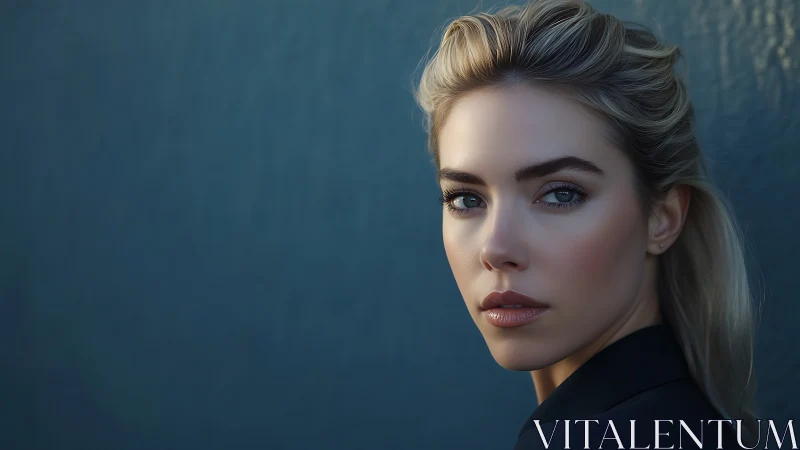 Blonde woman in dark blazer against plain teal wall.