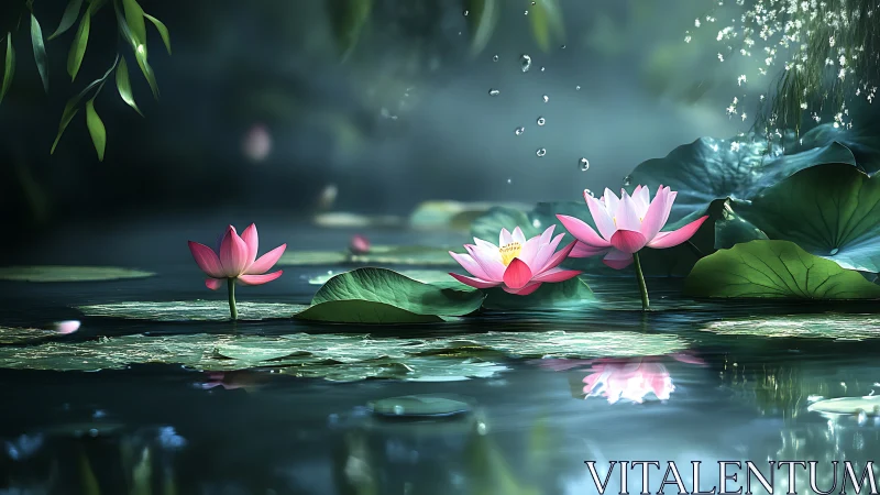 Mystical lotus blossoms over reflective misty water surface.