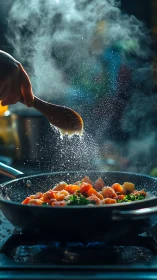 Hand seasons sizzling vegetables in pan over gas flame