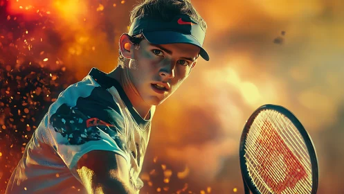 Tennis player locks eyes with camera amid blazing sunset court