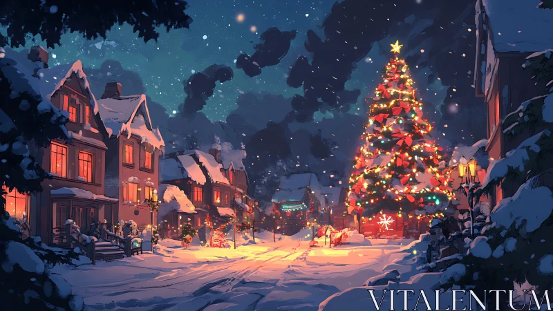 Snowy village glows softly around a radiant Christmas tree