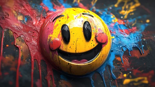 Smiling emoji erupts from chaotic splashes of neon paint.