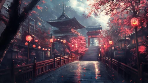 Twilight shrine causeway under lantern-biased chromatic fog.