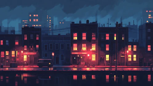 Neon windows warming a rainy industrial night street scene.