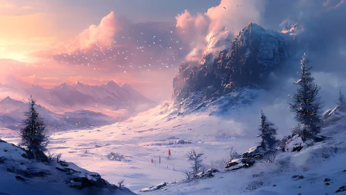 Iridescent winter massif at sunrise with distant valley camp