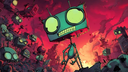Comic dystopian robot horde in tilted urban apocalypse scene.