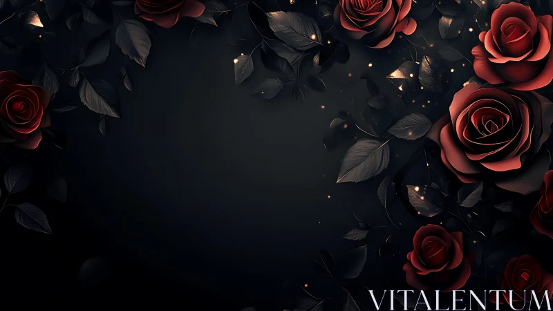 Crimson Roses Glow Against Darkness with Golden Sparkles.