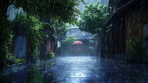 Digital painting of rainy alley with red umbrella focal point.