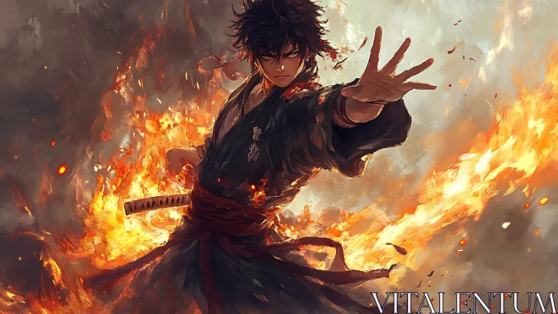 Fire-wielding swordsman extends hand amid swirling inferno