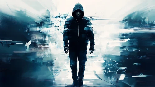 Hooded figure walks through glitching neon cyber corridor