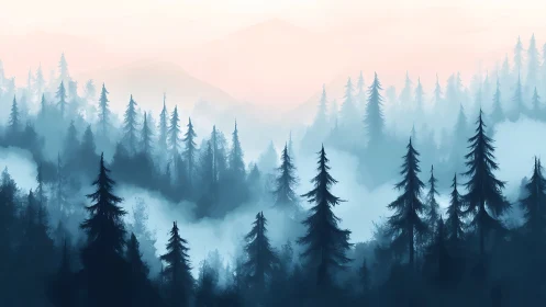 Misty Mountain Forest Landscape. Atmospheric Pine Trees Valley.