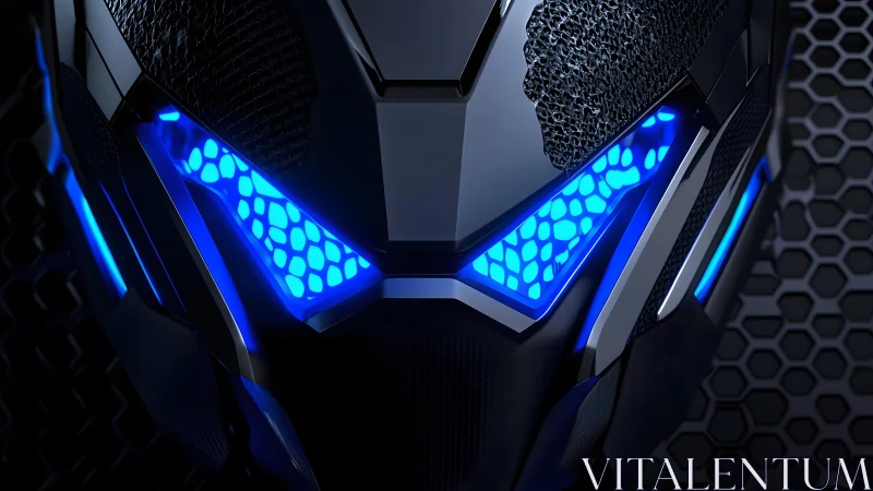 Futuristic robotic helmet with glowing blue lights and hexagonal texture.