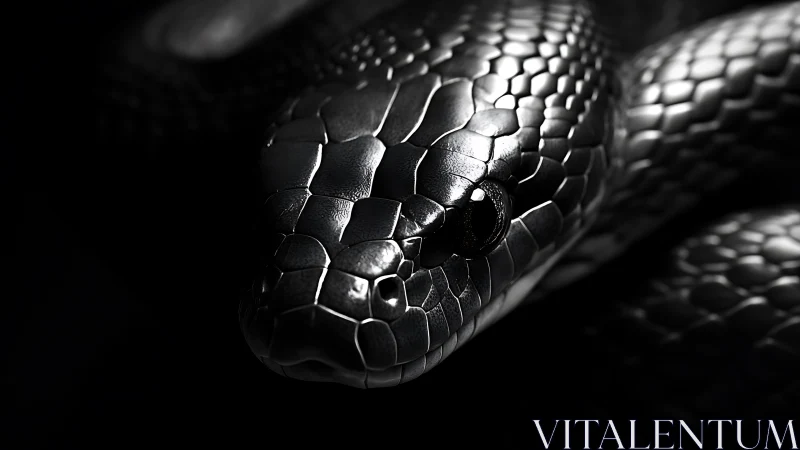 Glossy black snake head emerges from deep shadowed background
