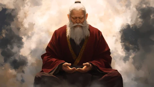 Elder monk in crimson robes meditating within luminous clouds.