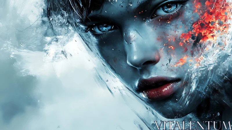 Digital portrait merging icy blue skin with fiery textures.