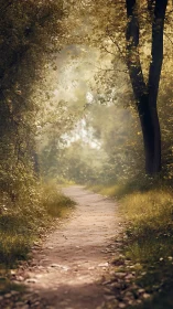 Golden forest pathway dissolves into misty light.