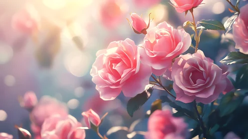 Soft-focus pink roses with backlit blooms and bokeh.