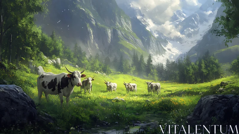 Cows standing in bright green alpine meadow below peaks.