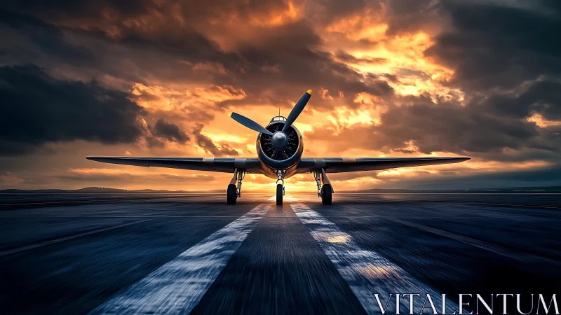 Vintage warplane poised on runway under blazing sunset sky.