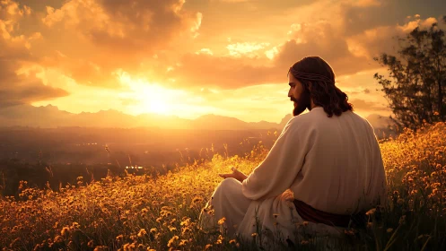 Solitary robed figure prays in golden meadow at sunset