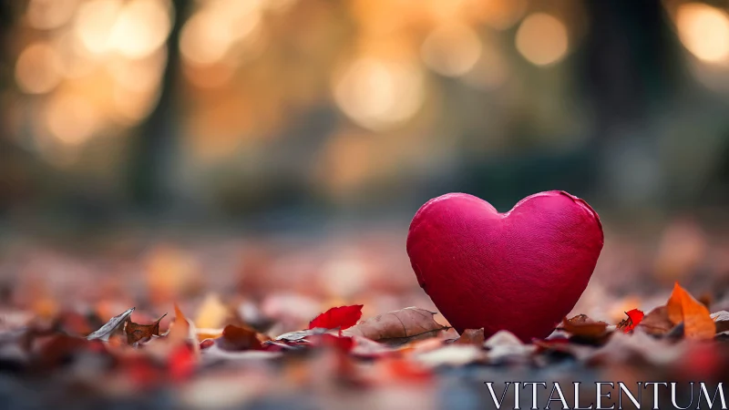 Crimson Heart Ornament on Autumn Leaf Bed with Bokeh Background