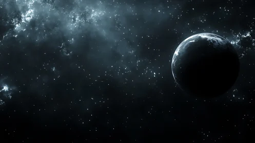 Rendered planet silhouette set against dense starfield
