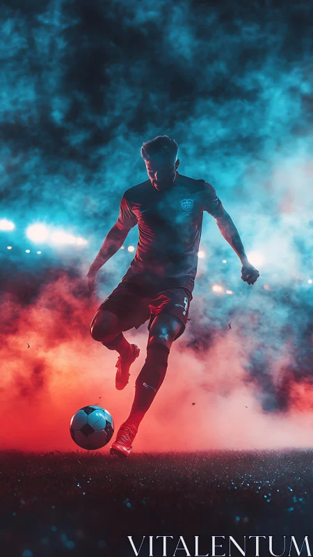 Soccer player striking ball amid blue and red stadium smoke.