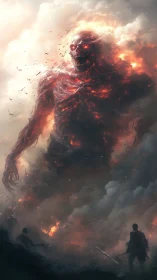 fiery giant rises from storm clouds before brave heroes.