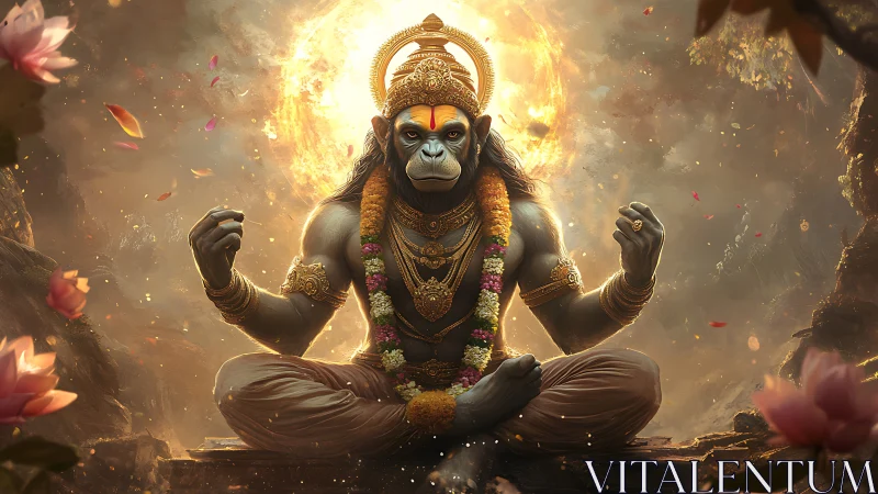 Mythic simian deity in lotus pose with radiant halo backlighting