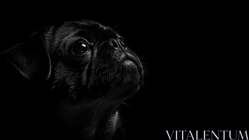 Black pug portrait uses low key lighting and side profile
