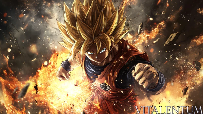 Dynamic anime warrior charging through explosive battle field