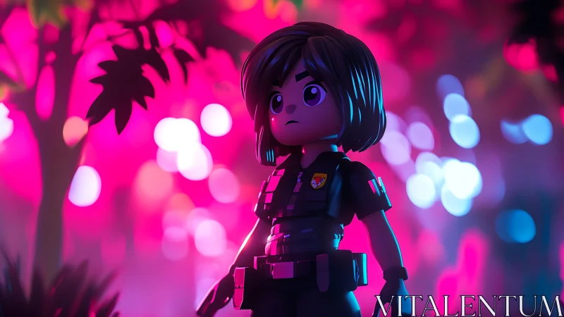 Toy-scale tactical officer in neon volumetric jungle night.