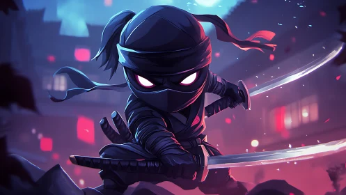 Tiny midnight ninja poised between shadows and starlight.