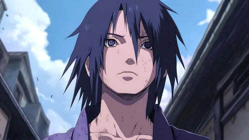 Anime male figure with dark hair in outdoor street scene.