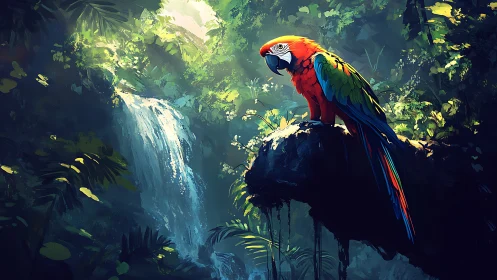 Scarlet macaw perches on mossy rock above jungle waterfall