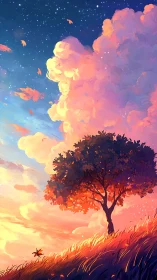 Sunset hillside tree under luminous cumulus and starry sky