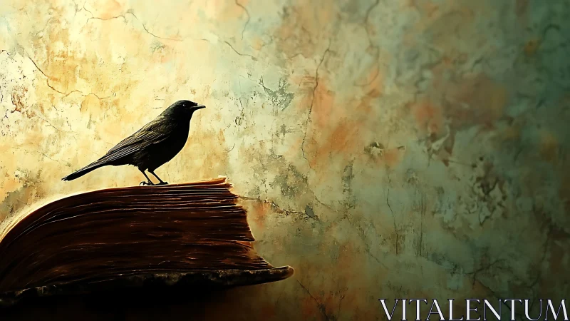 Blackbird silhouette rests on worn book under warm light.