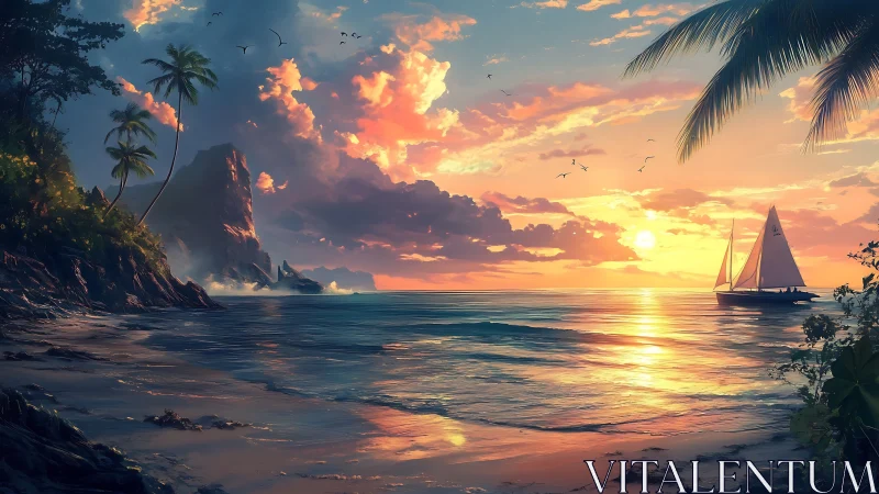 Golden sunset sail drifts past a tranquil tropical shoreline