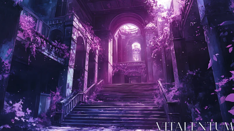 Digital painting of overgrown violet grand staircase interior.