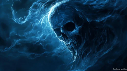Ghostly blue skull emerging from swirling dark mist.
