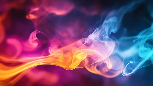 Colorful smoke plumes curve across a dark blurred background.